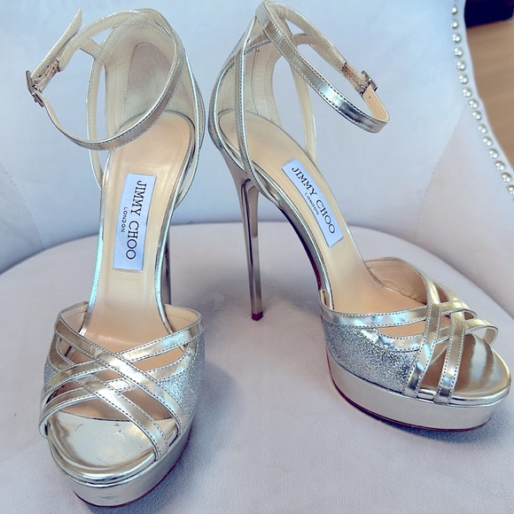 Jimmy Choo Laurita metallic glitter platform sandals, silver, size 38 - Picture 4 of 10